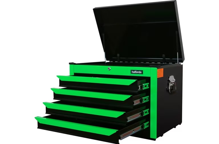 Halfords 27in 4-Drawer Lockable Rolling Tool Chest Cabinet - Neon Green