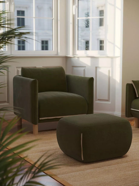 Cozmo Cozy Pouffe Foam Filled Footstool - Dark Green Velvet Natural Piping