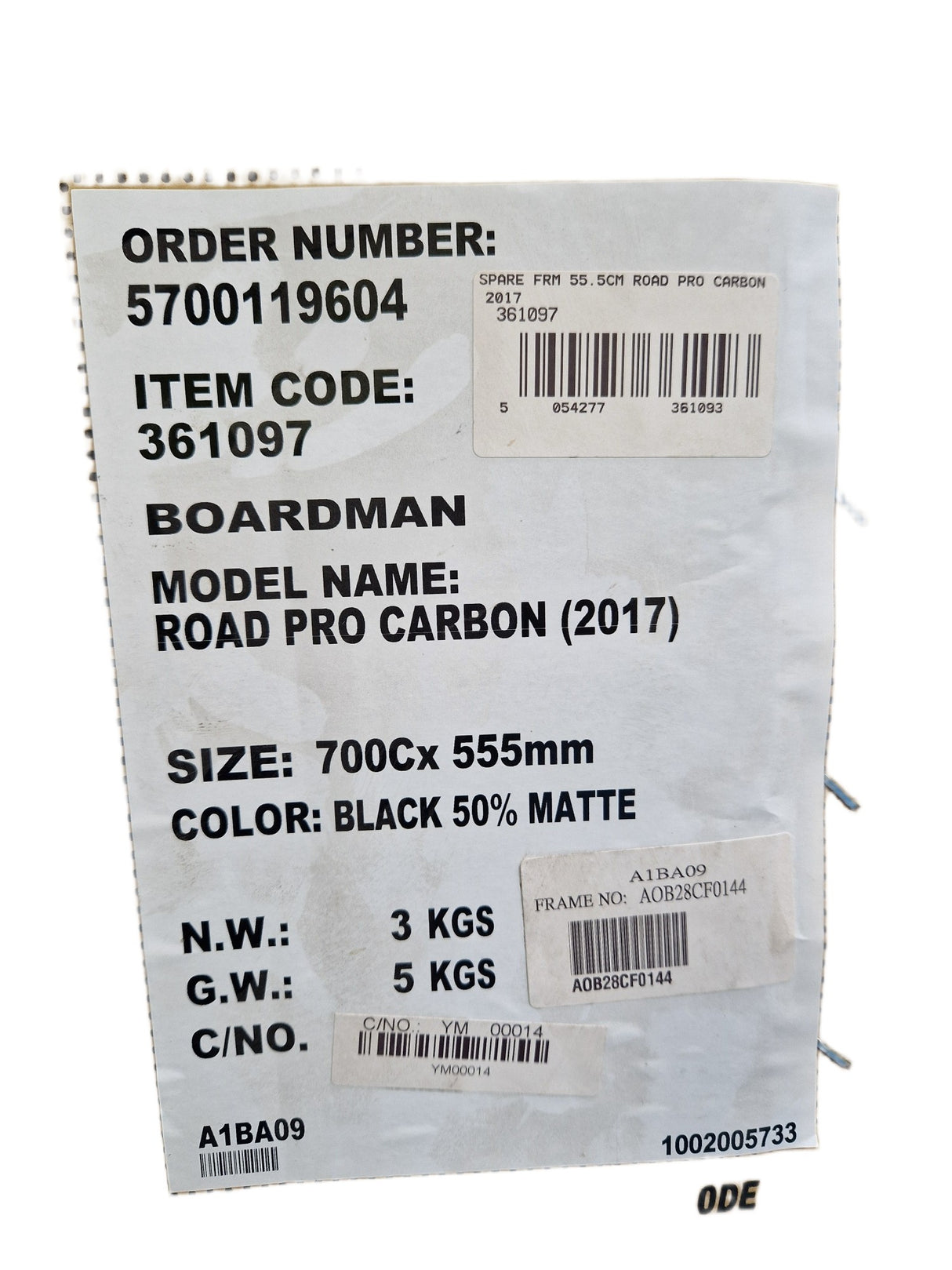 Boardman Road Pro Carbon (2017) 700c Large 55.5cm Bike Frame Only - Black