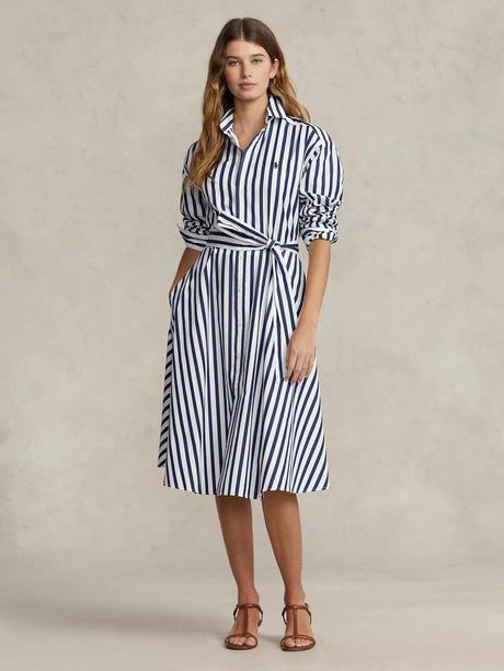 Ralph Lauren Stripe Knee Length Long Sleeve Shirt Dress - Navy/White - UK 8