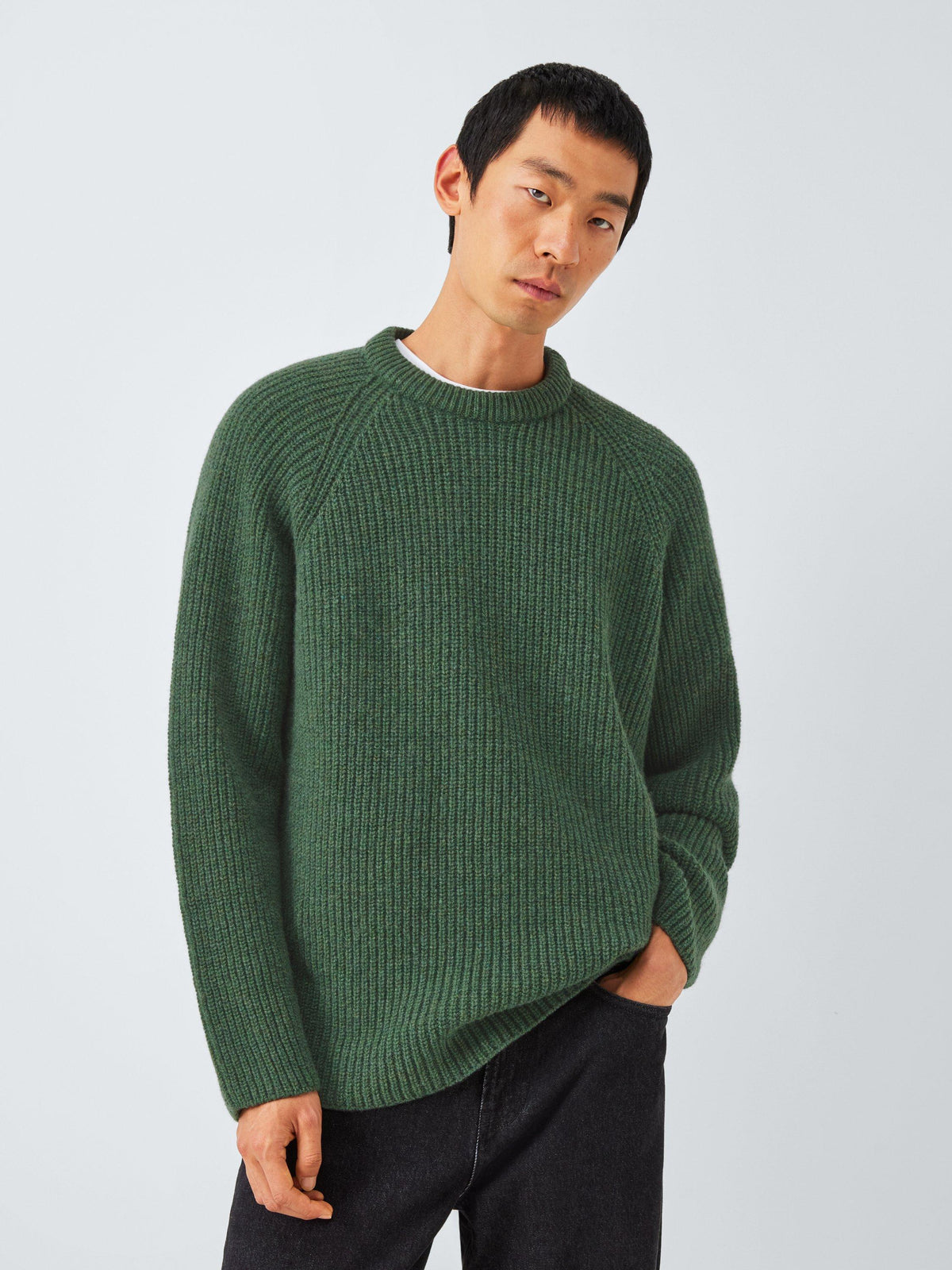 John Lewis Men's Recycled Wool Crew Neck Ribbed Jumper - Size Large - Green