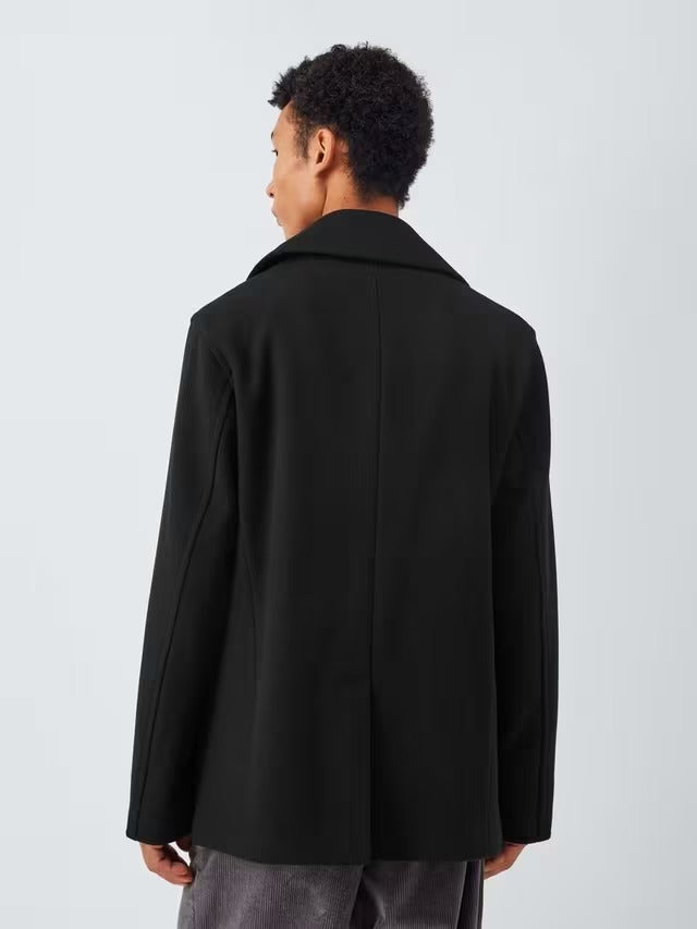 John Lewis Men's Double Breasted Wool Blend Peacoat Jacket - Black - XL
