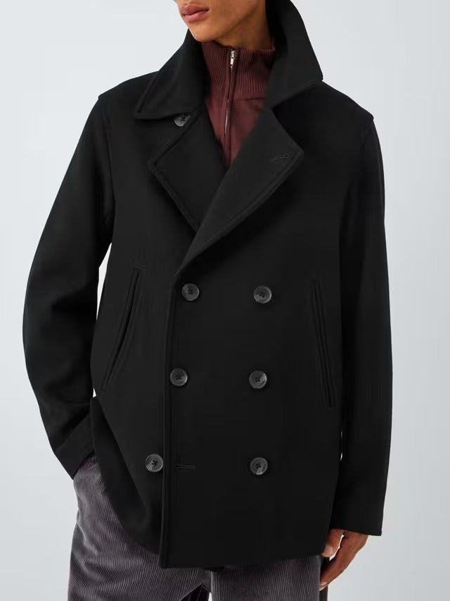 John Lewis Men's Double Breasted Wool Blend Peacoat Jacket - Black - XL