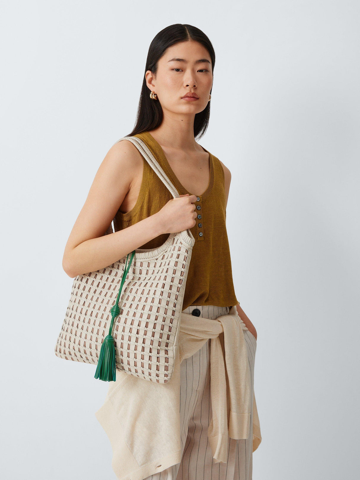John Lewis Women's Woven Leather Shoulder Textured Pocket Tote Bag - White