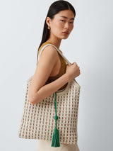 John Lewis Women's Woven Leather Shoulder Textured Pocket Tote Bag - White