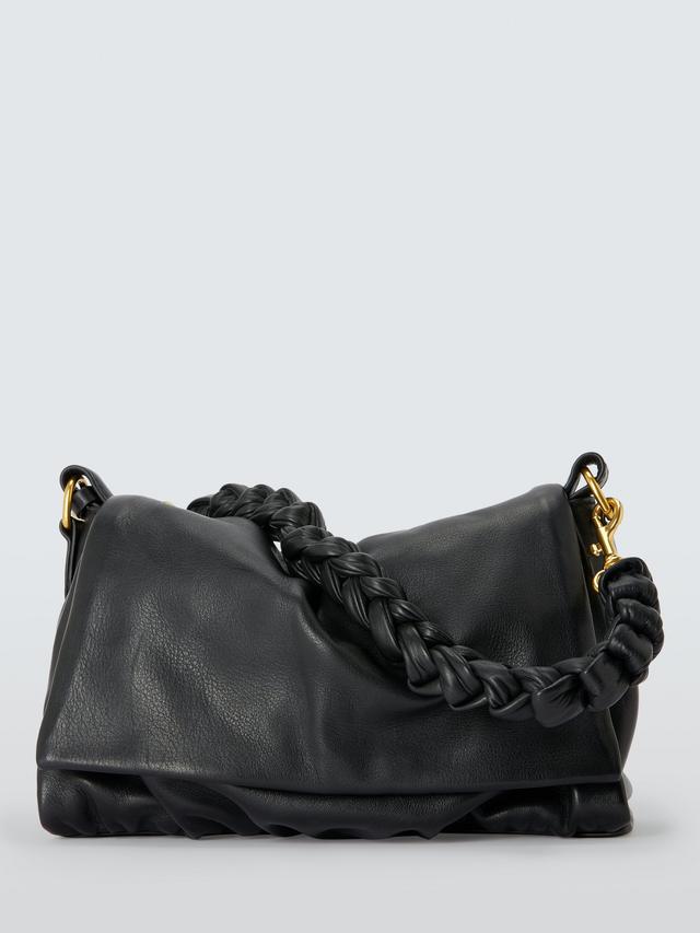 John Lewis Ruched Flapover Leather Multiway Handbag Crossbody Bag - Black