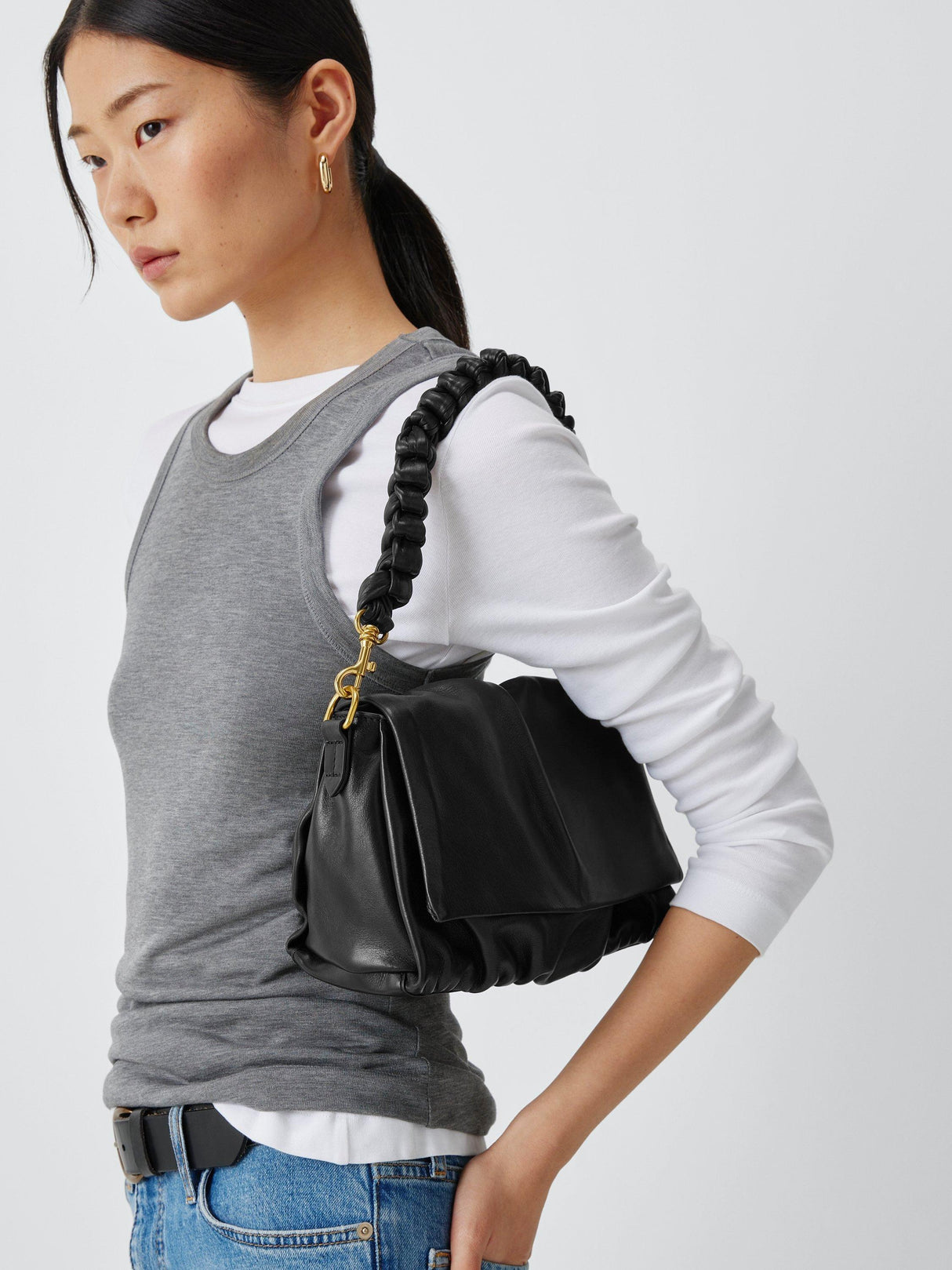 John Lewis Ruched Flapover Leather Multiway Handbag Crossbody Bag - Black