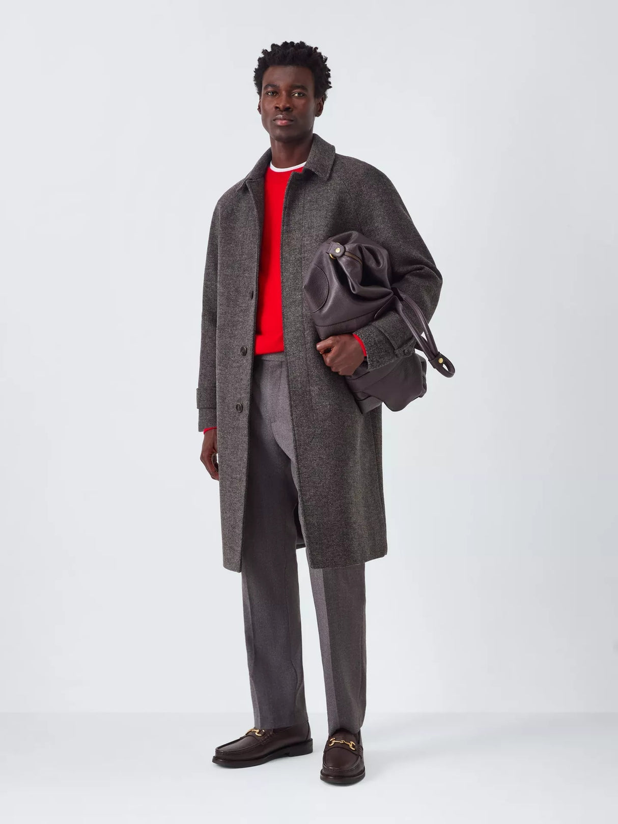 John Lewis Herringbone Men's Wool Blend Smart Long Overcoat - Brown - XXL