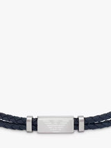 Emporio Armani Men's ID Leather Braided Cord 19.6cm Bracelet - Silver/Blue