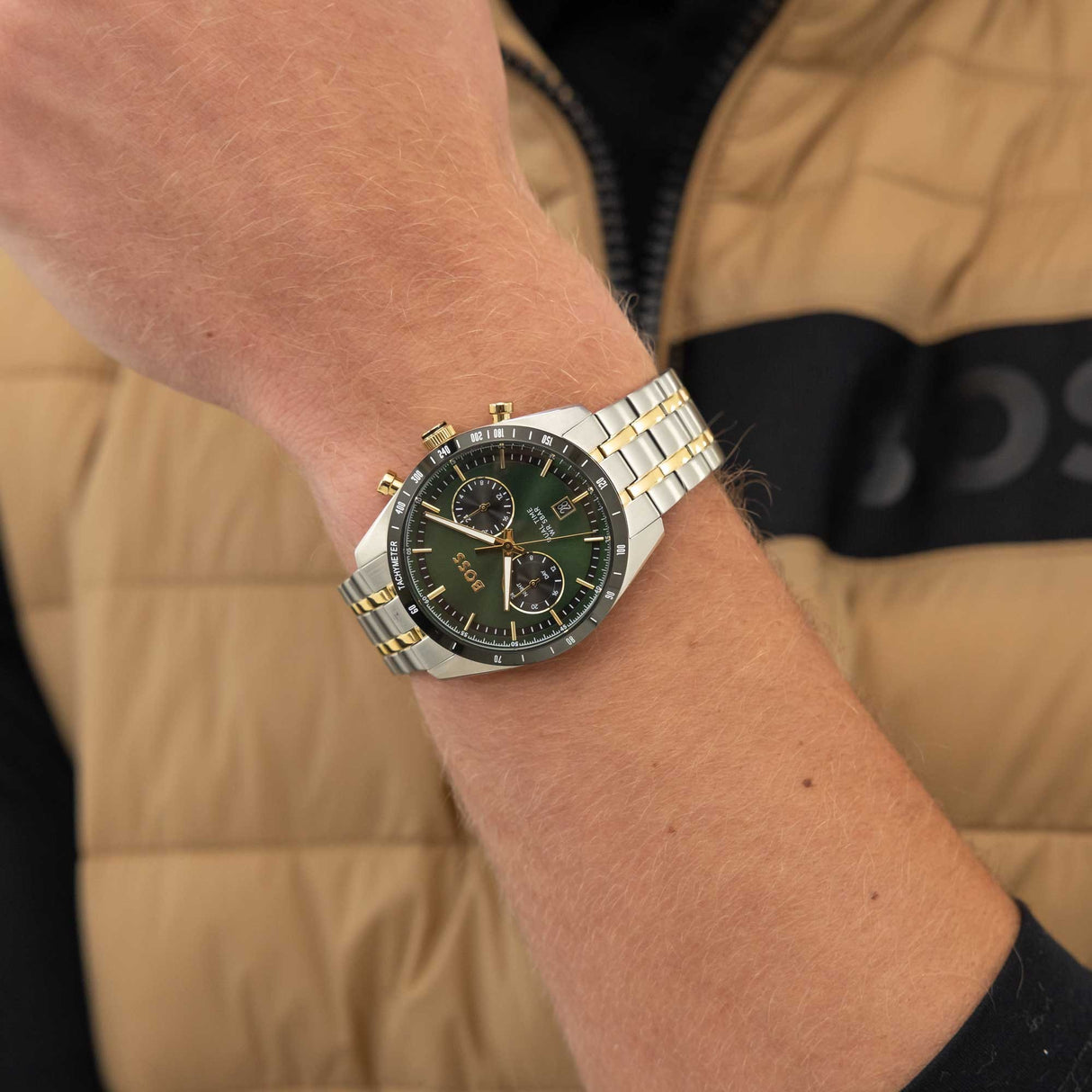 BOSS 1514287 Mens Tourmaster Two Tone 41mm Chronograph Watch - Green/Silver