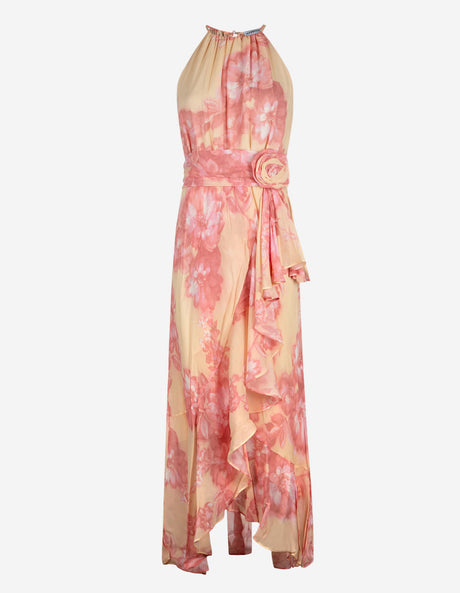 NEW Marella Fiero Halterneck Floral Regular Ruffle Midi Dress - Cream/Pink UK12