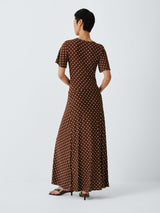 Marella Teca V-Neck Short Sleeve Polka Dot Maxi Dress - Brown/White - Small