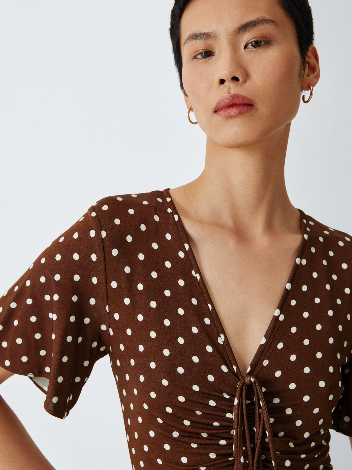 Marella Teca V-Neck Short Sleeve Polka Dot Maxi Dress - Brown/White - Small