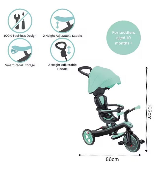 Globber 4-in-1 Explorer Toddler Trike/Balance Bike with Parent Handle - Mint
