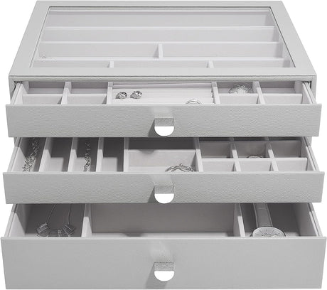 Stackers Supersize Glass Lid Jewellery Box with 3 Drawers - Pebble Grey - Kazoop 