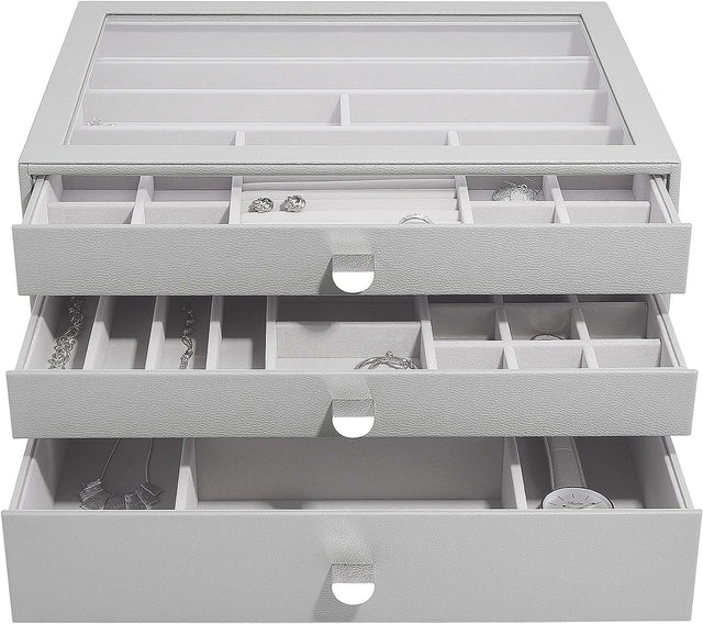 Stackers Supersize Glass Lid Jewellery Box with 3 Drawers - Pebble Grey - Kazoop 