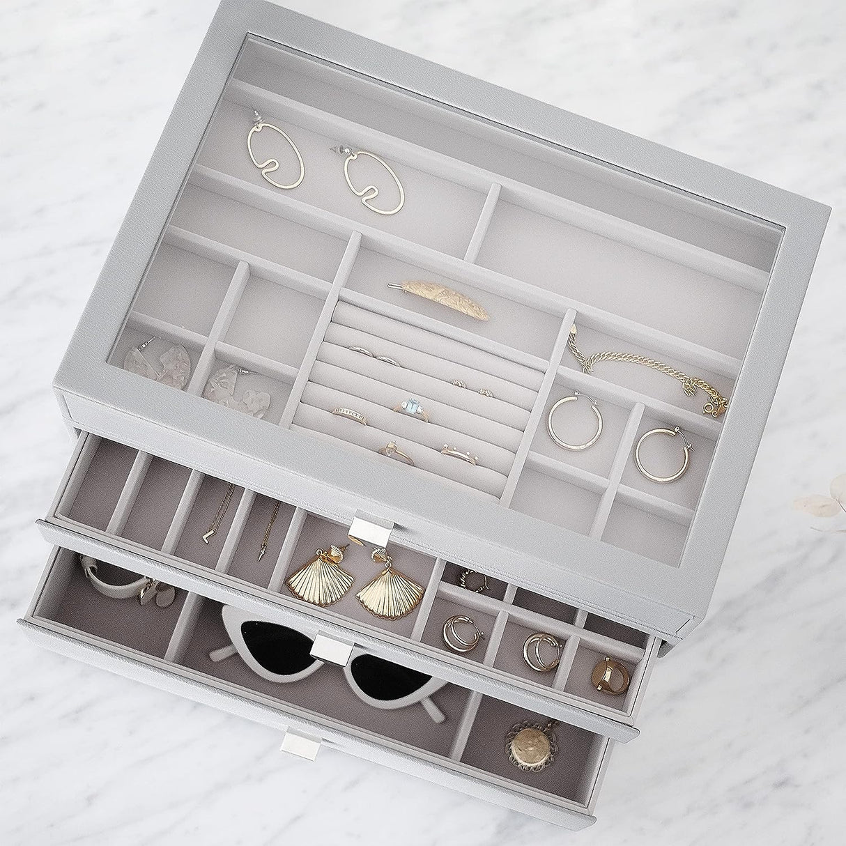 Stackers Supersize Glass Lid Jewellery Box with 3 Drawers - Pebble Grey - Kazoop 