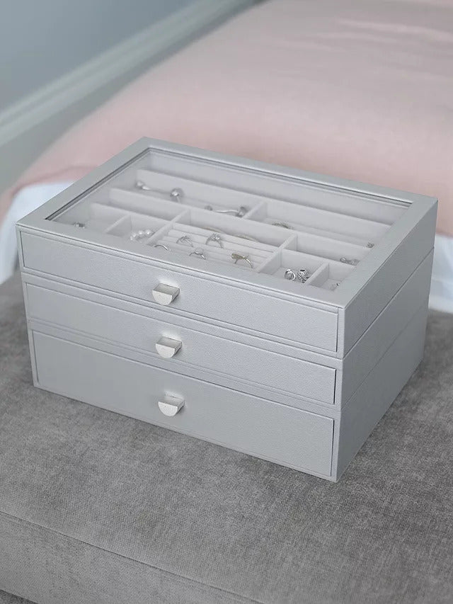 Stackers Supersize Glass Lid Jewellery Box with 3 Drawers - Pebble Grey - Kazoop 