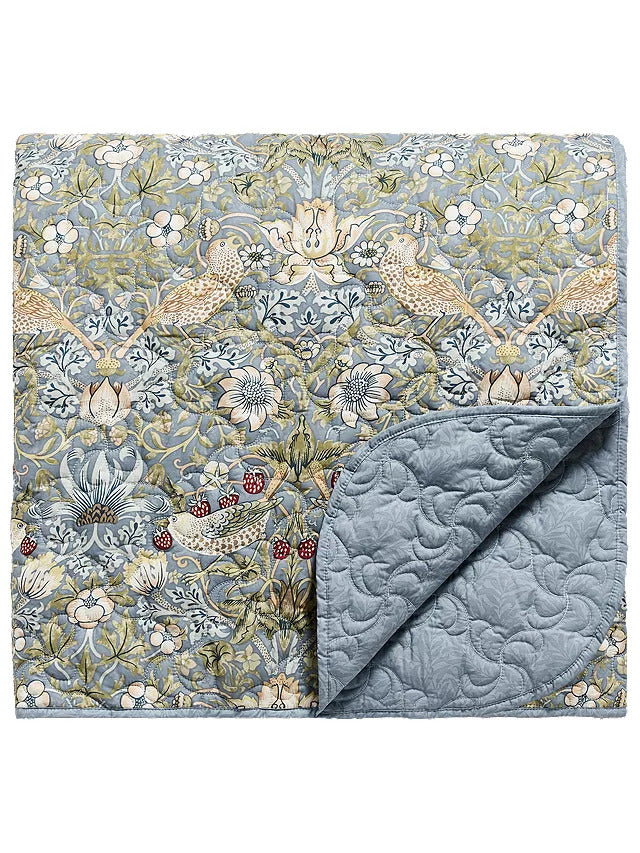Morris & Co. Strawberry Thief 100% Cotton Bedspread L265 x W260cm - Slate - Kazoop 