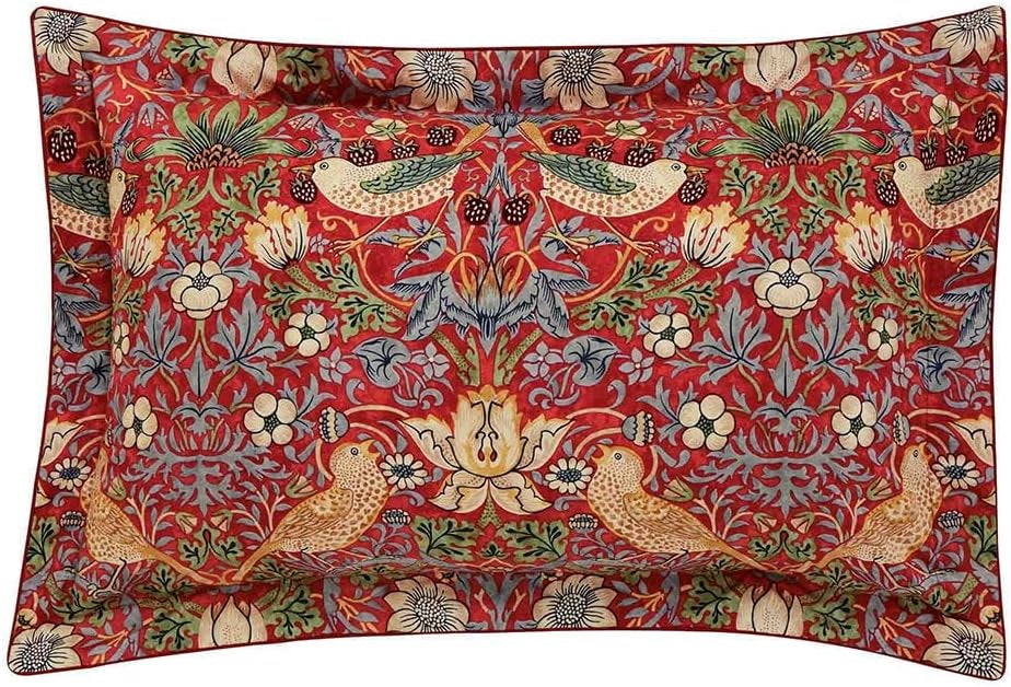 Morris & Co. Strawberry Thief Cotton King Size Duvet Cover Set - Crimson Red - Kazoop 