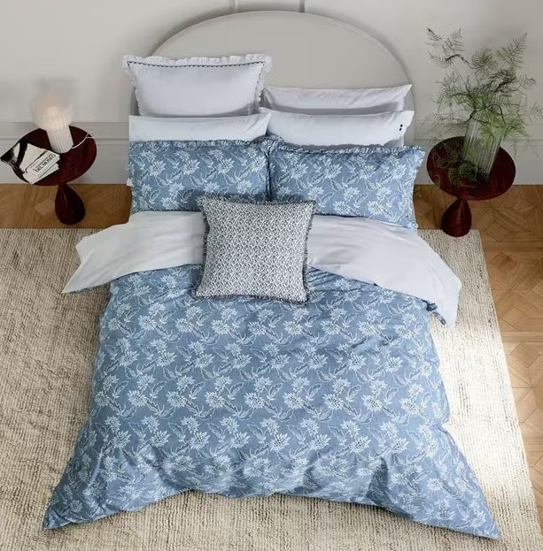 Bedeck of Belfast Floral Blue Chambray 200TC Cotton Duvet Cover Set - Double
