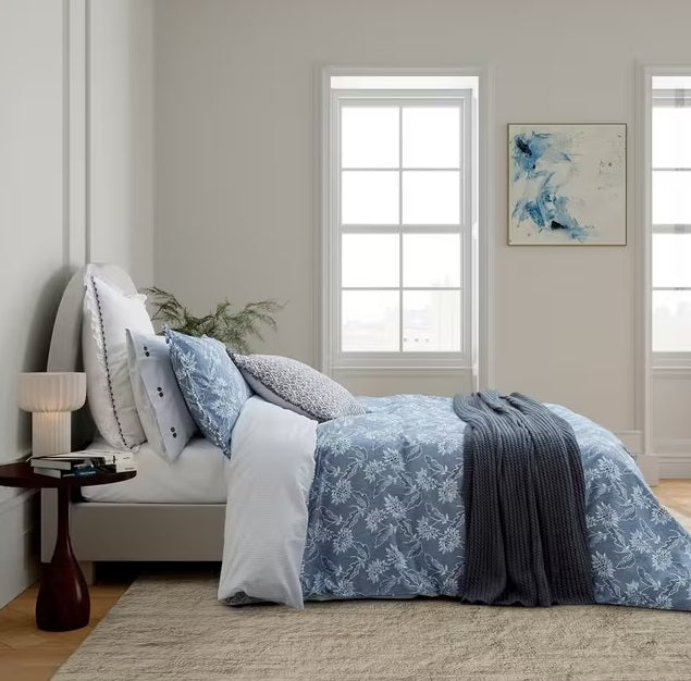 Bedeck of Belfast Floral Blue Chambray 200TC Cotton Duvet Cover Set - Double