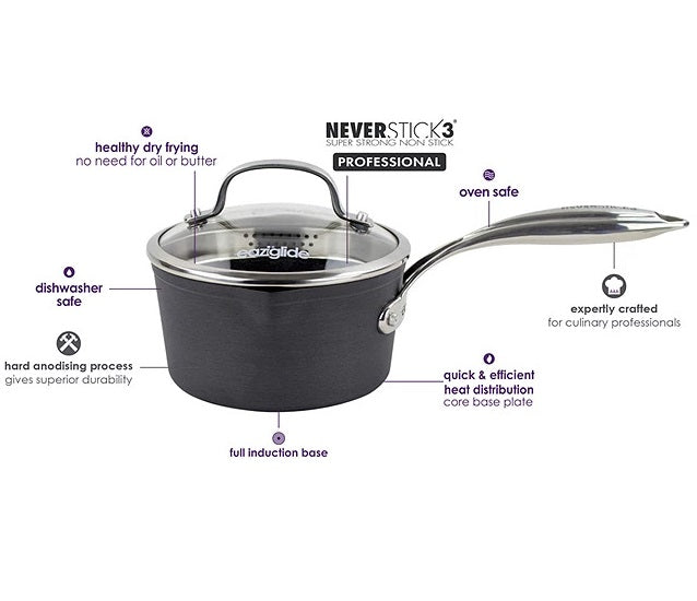 Eaziglide Neverstick3 Professional Non-Stick Lidded Saucepan Set 3 Piece - Kazoop 