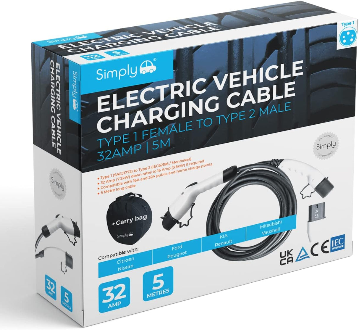 Simply Adjustable 5M 3Pin to Type 1 Electric Vehicle Flexible Charging Cable