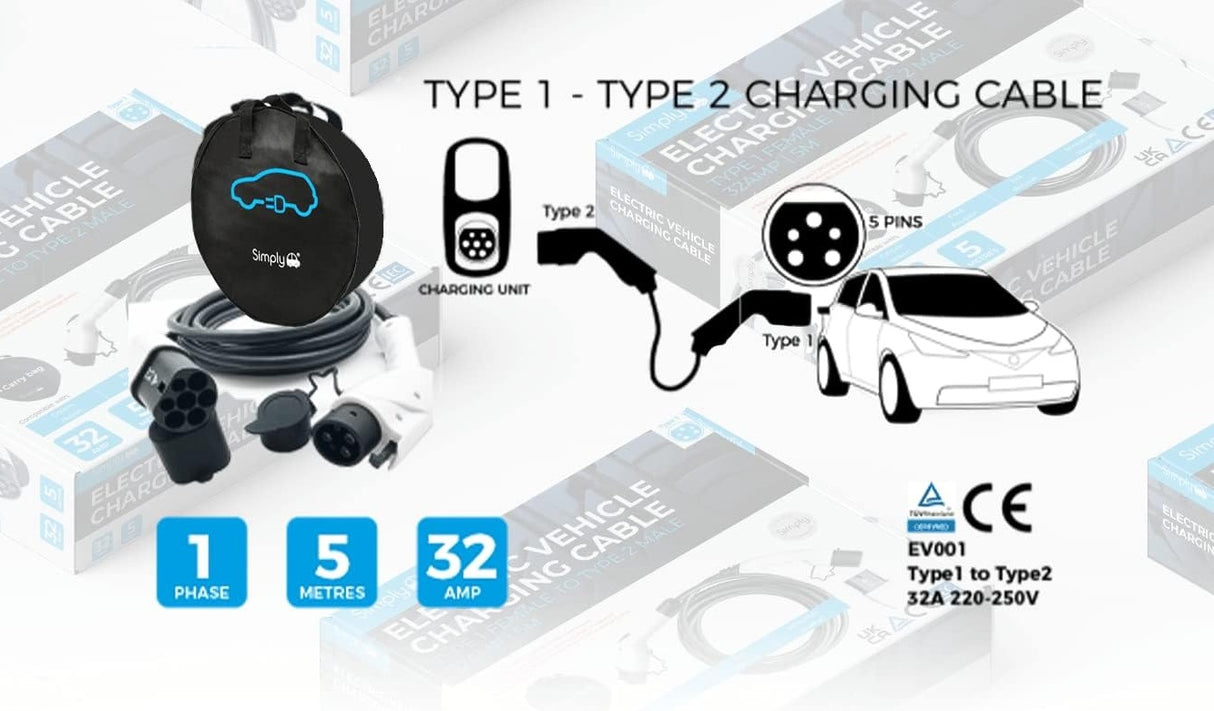 Simply Adjustable 5M 3Pin to Type 1 Electric Vehicle Flexible Charging Cable