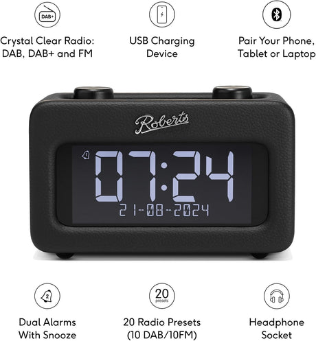 Roberts Revival Rest DAB/DAB+/FM Tuner Bluetooth Bedside Clock Radio - Black