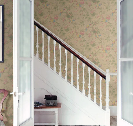 The Little Greene Brooke House Birds Floral Wallpaper 52cm x 10m - Parchment