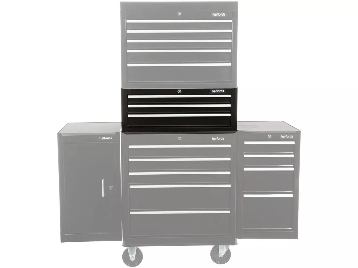 Halfords Garage Workshop Key Lock Tool Storage 3 Drawer Middle Chest - Black