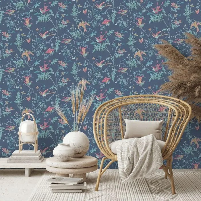 Cole & Son 100/14068 Hummingbirds Bird Print Wallpaper 52cm x 10m - Blue