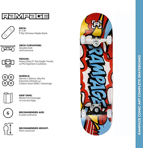 Rampage Comic Blue Complete Beginner Skateboard - 31" x 8" Inch