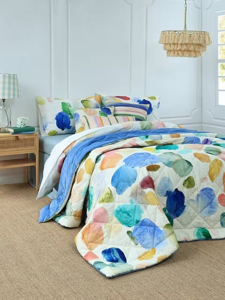 bluebellgray Eriskay Quilted Linen/Velvet Bedspread 220 x 230cm - Blue/Multi