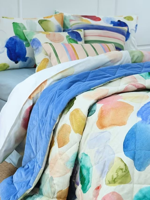 bluebellgray Eriskay Quilted Linen/Velvet Bedspread 220 x 230cm - Blue/Multi