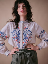 Cape Cove Womens Wild Strawberries & Cream Cotton Top Egrey Ivory - Size S