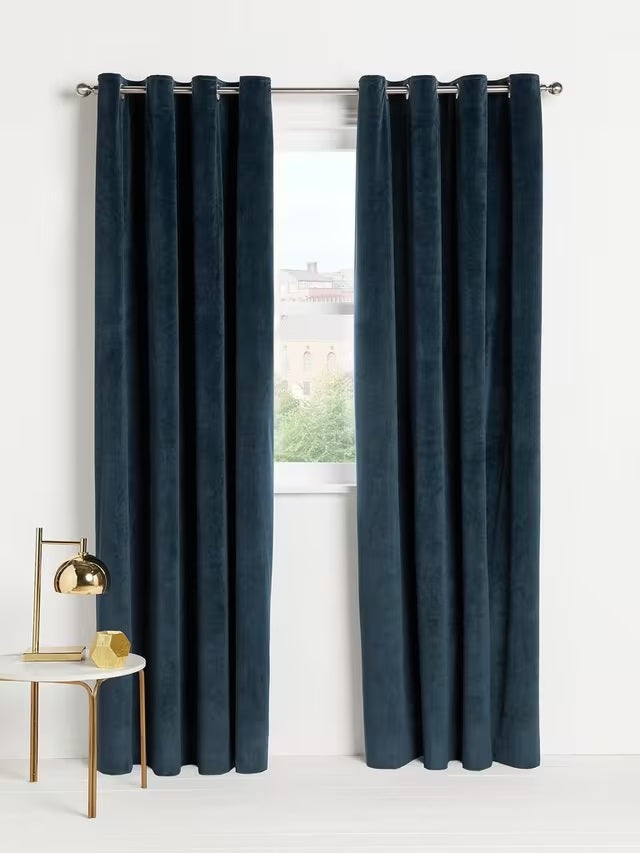 John Lewis Velvet Pair Lined Eyelet Curtains W228 x Drop 182cm - Navy Blue