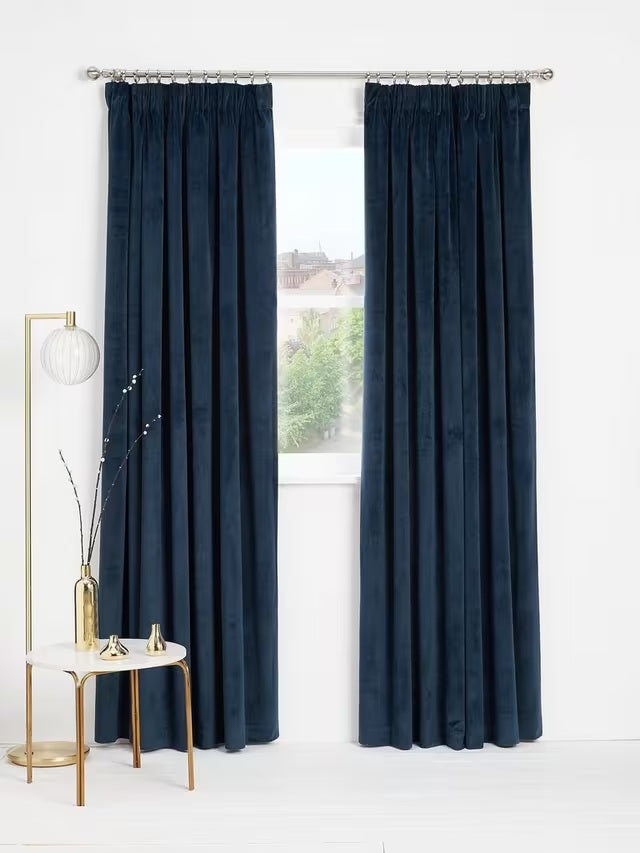 John Lewis Velvet Pair Lined Pencil Pleat Curtains W228 x Drop 228cm - Navy