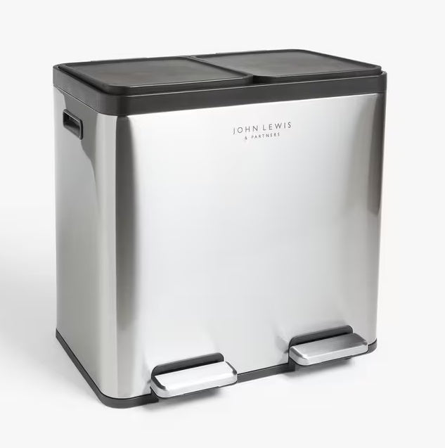 John Lewis 2 Section 60L Recycling Pedal Bin with Handles - Stainless Steel