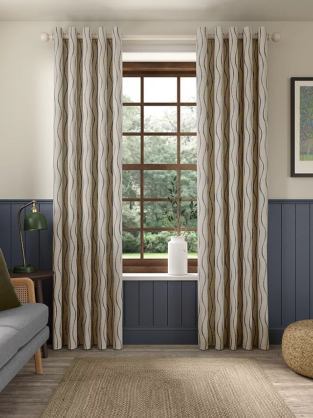 John Lewis Picot Stripe Pair Lined Eyelet Curtains W228 x Drop 274cm - Navy - Kazoop 
