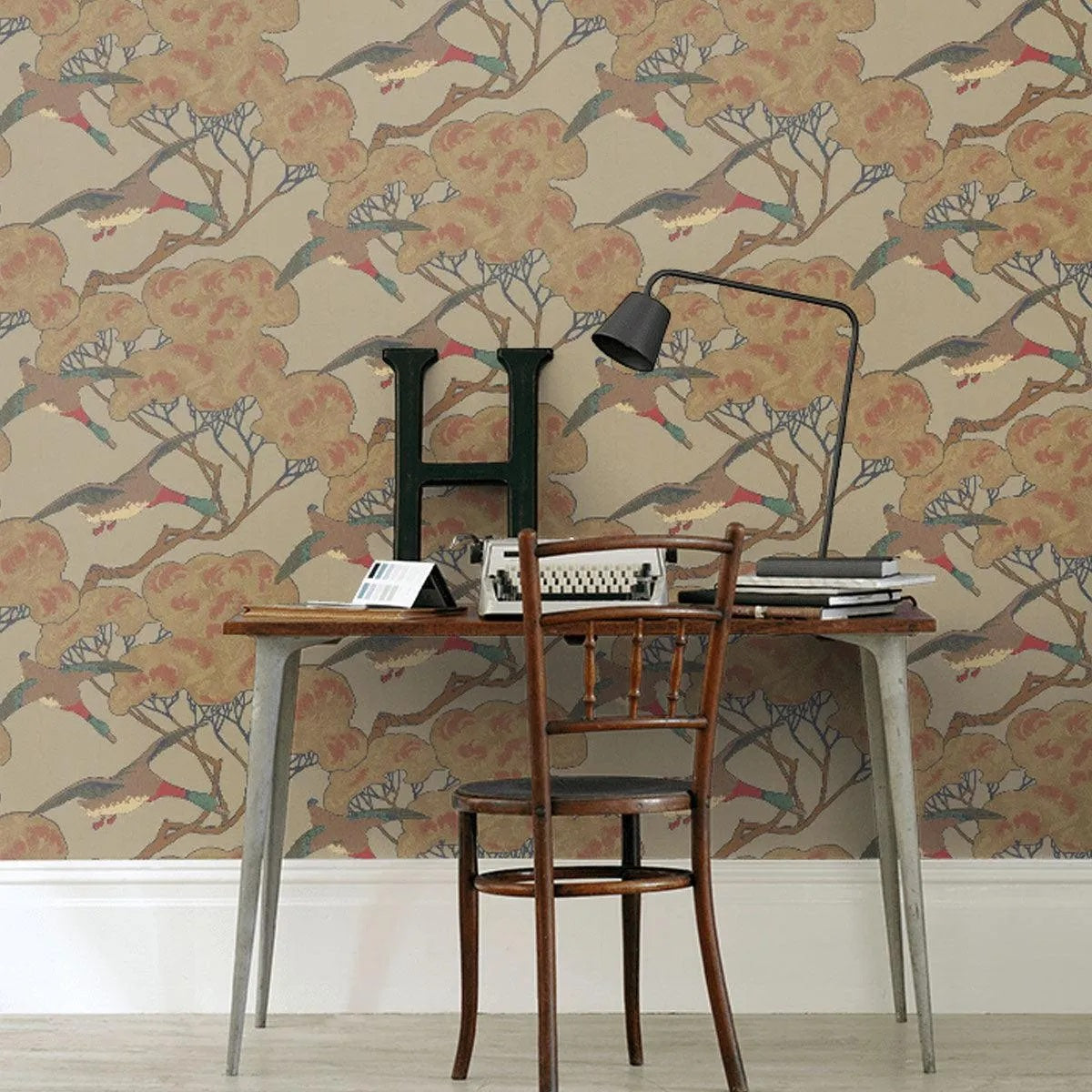 Mulberry Home FG090/H22 Flying Ducks Wallpaper L10m x W52cm - Sky/Moss - Kazoop 