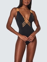 NAIA Beach Womens Raquel Interlaced Front Nylon Swimsuit Black - Size 14