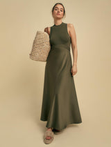 Florere Womens Regular Fit Viscose Blend Rib Knit/Satin Midi Dress 12 Khaki