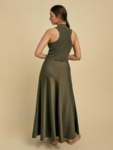 Florere Womens Regular Fit Viscose Blend Rib Knit/Satin Midi Dress 12 Khaki