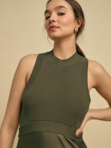 Florere Womens Regular Fit Viscose Blend Rib Knit/Satin Midi Dress 12 Khaki