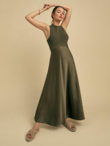 Florere Womens Regular Fit Viscose Blend Rib Knit/Satin Midi Dress 12 Khaki