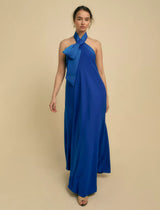 FLORERE Bow Crepe Blue Sleeveless Halter-Neck Maxi Dress with Pockets - UK 8