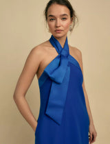 FLORERE Bow Crepe Blue Sleeveless Halter-Neck Maxi Dress with Pockets - UK 8