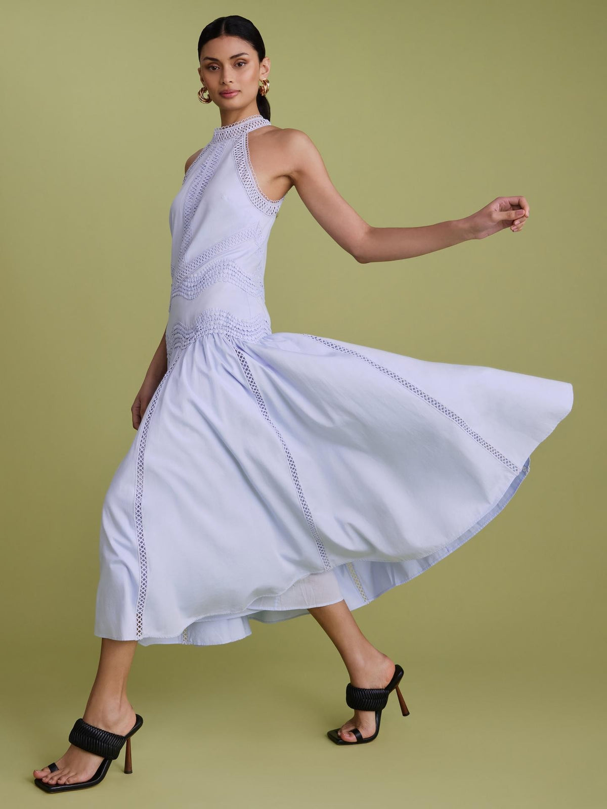 FLORERE High Neck Lace Lined Tape Sleeveless Midi Dress - Dusty Blue - UK 14